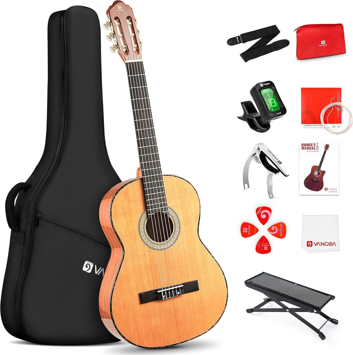 Guitarra española Vangoa con accesorios, afinador, cejilla, correa, púas, cuerdas, soporte de pie