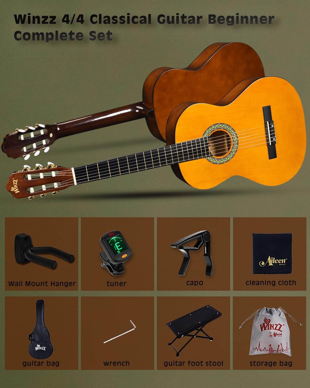 Guitarra Winzz Starter Kit, accesorios completos, clásica flamenca