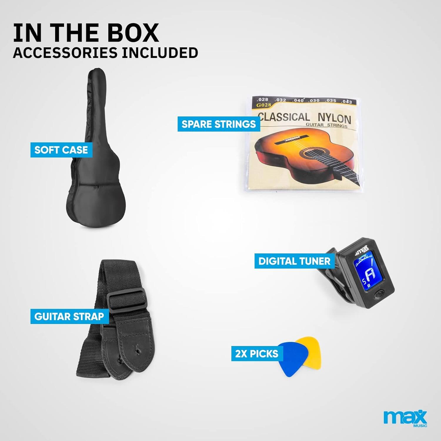 Guitarra Max SoloArt accesorios, funda, cd, afinador, púas, correa, clásica flamenca
